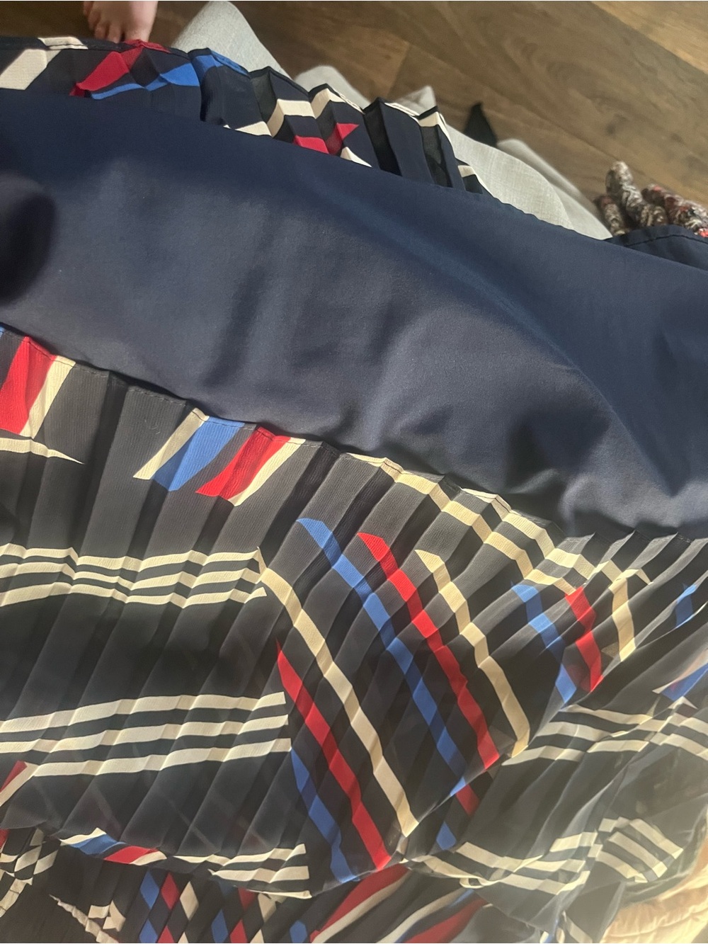Roz & Ali Geometric Striped Pleated A-Line Midi Skirt Navy Blue Red Plus Size 2X - Picture 5 of 7